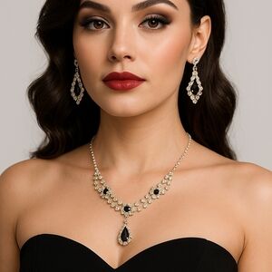 Black Crystal Rhinestone Necklace & Earring Set – Formal Evening Jewelry